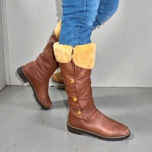 Michael Kors Brown Leather Shearling Knee-Button Snap Riding Boots Size 7